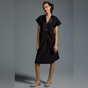 Anthropologie Maeve Deep V Black Satin Trim Knee Length Midi Dress S